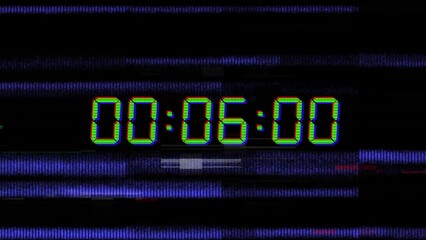 Poster - Animation of blue digital clock timer changing over blue light trails on black background