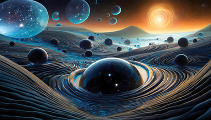 Illustration showing the creation of multiple universes and the beginning of spacetime