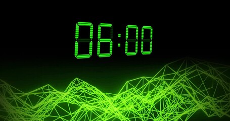 Poster - Animation of green digital clock timer changing over networks of connections on black background