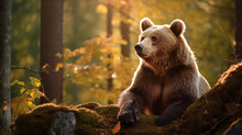 Brown Bear In The Forest Looking Over A Mossy Tree Trunk