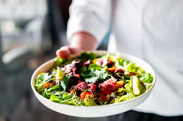 A person in white holds a vibrant salad with greens, tomatoes, and meat. The bowl contrasts against the colorful ingredients. Natural light illuminates the scene