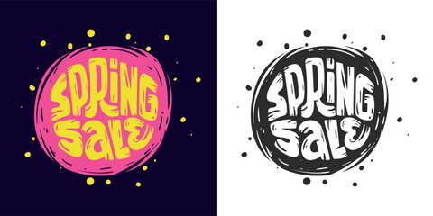 Spring Sale. Bright with acidic colors text. Grange hand lettering sales season. Vector file