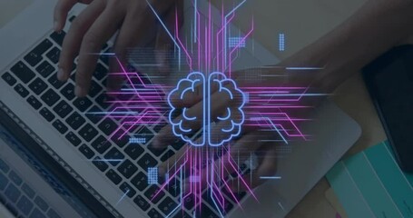 Aufkleber - Animation of circuit board with data processing over caucasian woman using laptop