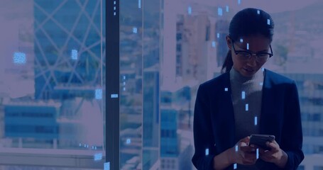 Poster - Animation of circuit board with data processing over asian woman using smartphone