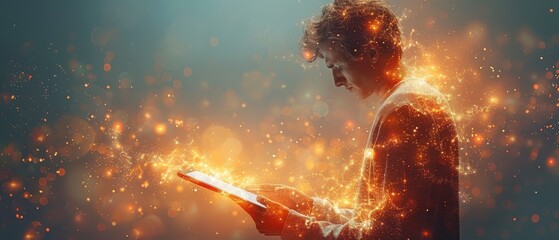 Poster - An abstract digital adult with a tablet computer in front of a white background. A low poly wireframe business concept with polygons, particles, lines, and connected patterns.