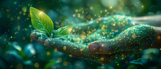 Aufkleber - A  illustration of a hand giving a green leaf to a young child. Low poly style. Blue geometric background. Wireframe light connections. Illustration of a modern 3d graphic ecology concept.
