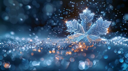 Fototapete - Drop of water falling from the sky and a snowflake. Isolated  illustration. Low poly style design on abstract geometric background with blue wireframe light connections. Conceptual illustration.