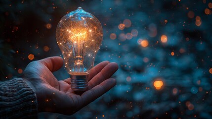 Aufkleber - The abstract hand holding a light bulb is low poly style design on a blue geometric background. Wireframe light connection structure is a modern 3D graphic concept.  illustration isolated on a