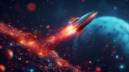 Leinwandbilder - Flying rocket with planets in space. Low poly style design. Abstract geometric background. Wireframe light connection structure. Modern 3D graphic concept. Isolated  illustration.