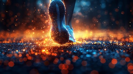 Poster - Running man's feet. Low polygonal style design. Abstract geometric background. Wireframe light connection structure. Low polygonal design. Modern 3d graphic concept. Isolated  illustration.