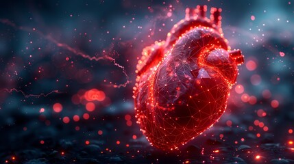 Poster - Detailed abstract red heart. Heart anatomy. Health care medical concept. Low poly style. Geometric background. Wireframe light connection structure. Modern 3D graphic concept. .