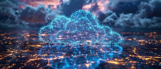 Aufkleber - An overview of cloud computing technology. A digital cloud hovering over a world map. Cloud storage in a data center. Global internet network servers working on big data. Digital cloud as a concept