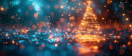 Fototapete - The 2023 year is represented by glowing pixels on the Christmas tree in technology style on a blue background. The logo of 2023 year hangs over the polished reflection of the year.