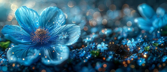 Fototapete - A bunch of abstract blue flowers and the number 2024. The design has a low poly style. Abstract geometric background. Wireframe light structure. Modern 3D graphic concept.  illustration.