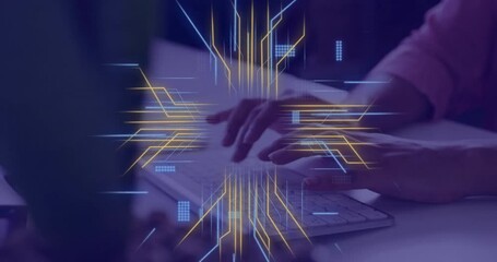 Poster - Animation of circuit board with data processing over caucasian woman using laptop