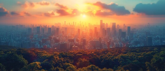 Aufkleber - Future smart city on the horizon with a forest as a backdrop. Skyscrapers crafted of glass in the rays of the morning sun or evening sun.