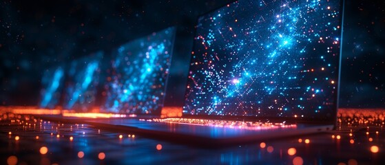 Poster - The laptop and monitor in a low-poly wireframe style with starry skies and cosmos. Technology and devices concept. Abstract  computerization theme in blue. Weird polygonal devices concept.