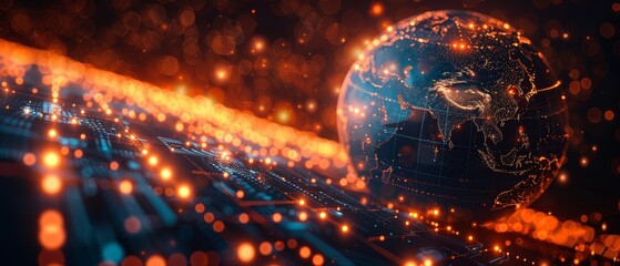 Aufkleber - An illustration of a globe with light dots and a dark background. This represents Earth Day in a conceptual way. 3D sci-fi interface of a globe hanging over a dashboard. Holographic globe made in the