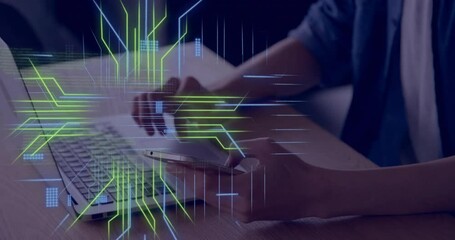 Poster - Animation of circuit board with data processing over caucasian man using laptop