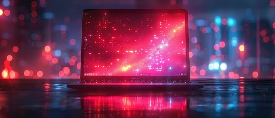 Poster - A vector laptop with open screen on a desk front view. A computer program code appears on the laptop as it sits on the table. Abstract neon geometrical design elements adorn the laptop, when it rests