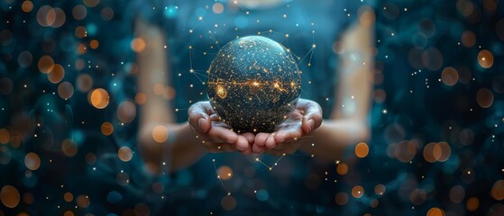 Aufkleber - An abstract illustration of a champion cup in hand, consisting of planets, stars, and the universe forming a starry sky or space.  business wireframe illustration.