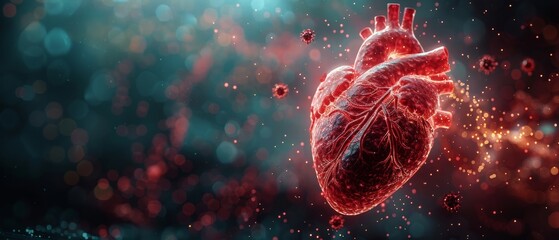 Fototapete - A red human heart attacks by red viruses inside a transparent glass dome. Heart protection in healthcare. Geometric background. Wireframe concept.