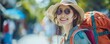 Smiling Asian traveler with hat sunglasses and backpack ready for vacation. Concept Travel Photography, Asian Style, Vacation Outfit, Smiling Poses, Adventure Accessories