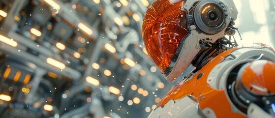 Aufkleber - Robot cyborg assembler on a factory floor. Industry 4.0 concept, AI controls industrial robotic arms on robot machines. Industrial technology in the 21st century.