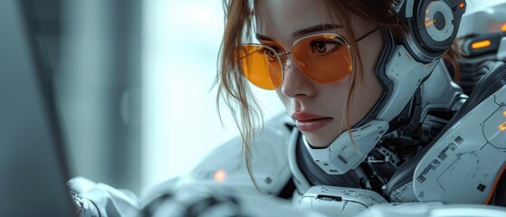 Poster - Automation create software. Robot or cyborg woman with AI teaching coding on laptop on coding app. Coding or programming app with artificial intelligence.