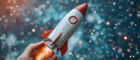 Poster - Rocket startup from digital hand. Isolated on blue. Fast web development, process boost, investment in innovation, product development, website startup, virtual project, AI company concept.