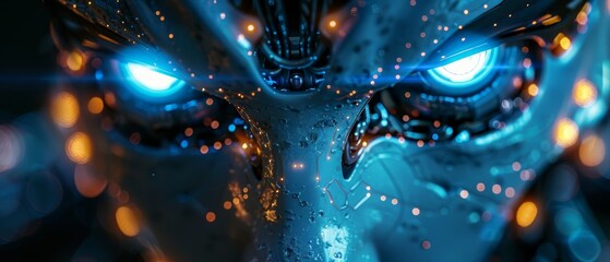 Aufkleber - Scary AI robot face with horns. Spooky artificial intelligence cyborg head. Cyber halloween party banner. Creepy electronic devil technology monster.