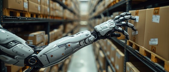 Poster - Putting boxes on pallets with robotic arms in smart warehouses. Automated logistics on smart stock storage systems. Industry robots with artificial intelligence in factories. Technology business