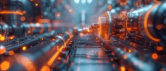Poster - Artificial intelligence in industry 4.0. Robotic arms create neural networks in virtual reality. Concept of futuristic industry technology.