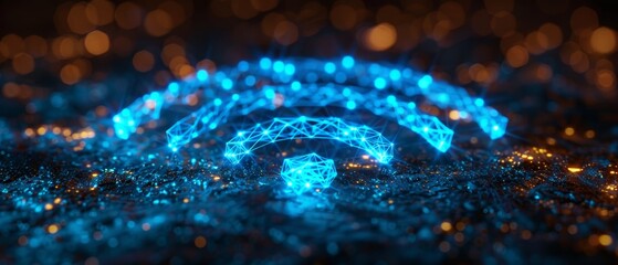 Aufkleber - Symbol of Wi-Fi behind blue futuristic shield, a safe wireless technology protection concept. Geometric low-poly background. Wireframe light connection Modern 3D graphic.