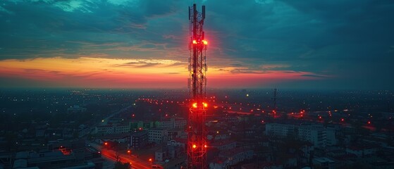 Aufkleber - Communication tower with 5G wireless broadband antenna for transmitting telecommunication signals. 5G broadcast technology. Mobile communication tower with 5G wireless broadband antenna.