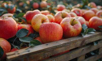 Wall Mural - Fresh red apples in wooden crate in apple orchard