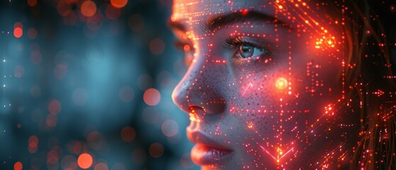 Poster - Abstract technology background. Neon computer digital futuristic neon square frame with AI face, geometric shapes in cyberspace. Artificial intelligence head. Abstract digital computer tech banner.