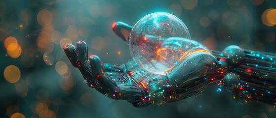 Poster - Bot assistance. Polygonal bubble speech in digital hand. Artificial intelligence chatbot service. Concept of a virtual assistant on a digital screen. Robotic assistance, AI reply in digital chat