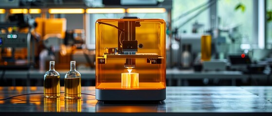 Aufkleber - Three-dimensional printer on engineer's desk. Three-dimensional printing and prototyping of parts. High-tech 3D printer with an orange glass cover printing plastic 3D models.