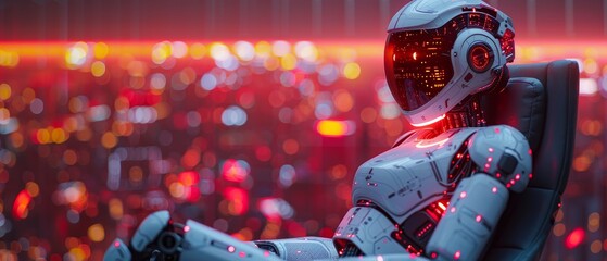 Poster - Having the power to rule the world. Robot female queen on throne. Cyborg woman in an armchair on a podium in cyberspace. I am a cyborg girl with neural network.