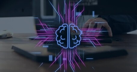 Poster - Animation of circuit board with data processing over caucasian man using laptop