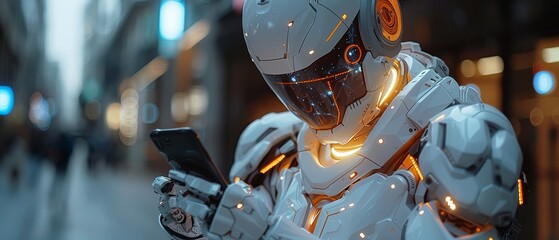 Poster - In an AI robot's hand, he holds a phone. Artificial intelligence concept banner with a futuristic digital data processing. Robot or cyborg appears to analyze big data.