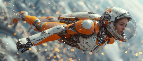 Wall Mural - Flying cyborg or cyborg woman in superhero armor. Sci-fi robotic girl in armor lands on futuristic city background. Superhero character jetpack rocket engine. Robotic woman takes off skyward.