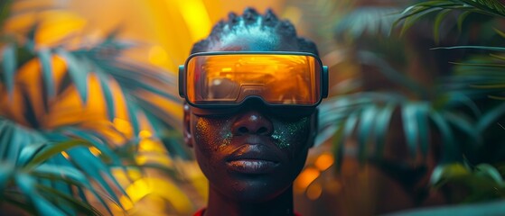 Aufkleber - The image shows a man wearing 3D virtual reality glasses in a metaverse in a virtual world simulation. The image shows a virtual reality headset for internet entertainment, virtual reality games.