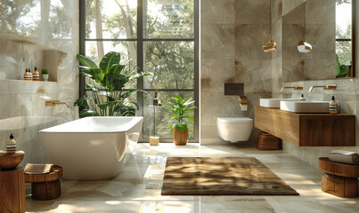 Modern bathroom interior with large window white bathtub double sink and tree in pot. 3d rendering mock up