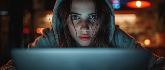Poster - Teenage girls and boys in hoods are gaming on gaming laptops, programmers are hacking on dark room laptops, and teenagers are playing games on computers.