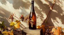 Autumn Vineyard Wine Presentation
A Champagne Bottle On A Wooden Block, Surrounded By Dried Grapevines And Leaves, Casts Long Shadows In Warm Sunlight