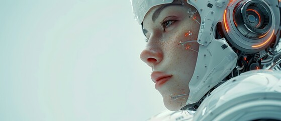 Aufkleber - An image of a futuristic cyborg head holding a head robot and facing a virtual dashboard. A supercomputer is in the background of the image. There are machine learning technologies and neural networks