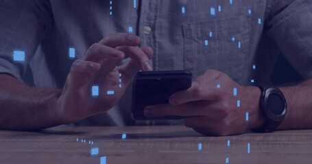 Poster - Animation of circuit board with data processing over caucasian man using smartphone