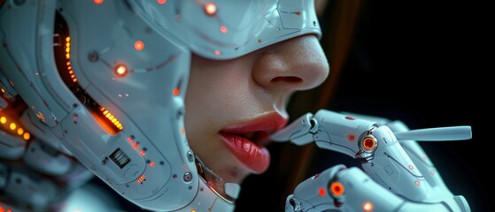 Leinwandbilder - The face of a terrifying mechanical robot hidden under a human mask is clearly visible. With 3D printer help, the robot disguises itself as a woman with lipstick on her lips and makeup on her face.